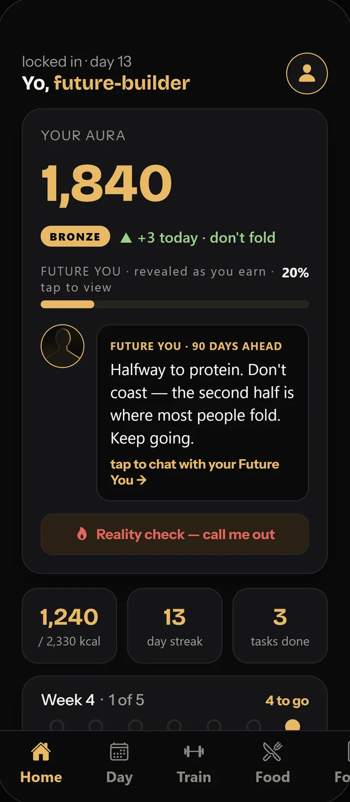 Aurapex home screen: aura score 1,840 with a Locked In badge, a Future You progress bar at 20%, a message from Future You, and a weekly streak tracker with 2 skips banked