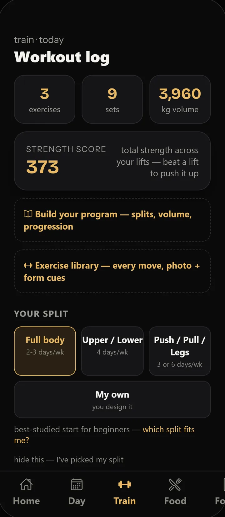 Aurapex workout log: 3 exercises, 9 sets, 3,960 kg volume, a strength score of 373, push-pull-legs quick starts, rest timers and a plate calculator