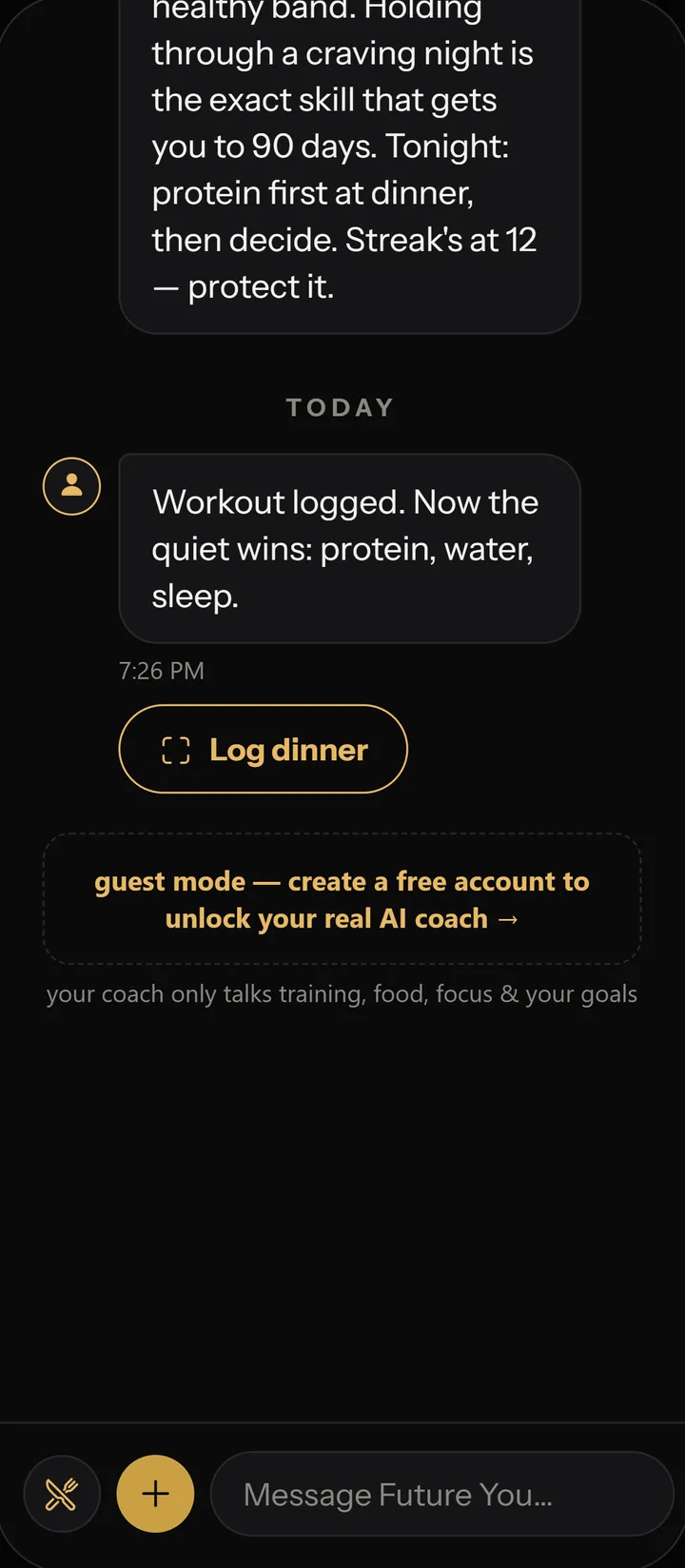 Aurapex coach chat: the coach replies to a weigh-in with the user's real numbers — 2.2 kg down in 4 weeks, streak at 12 — plus a scan-breakfast button